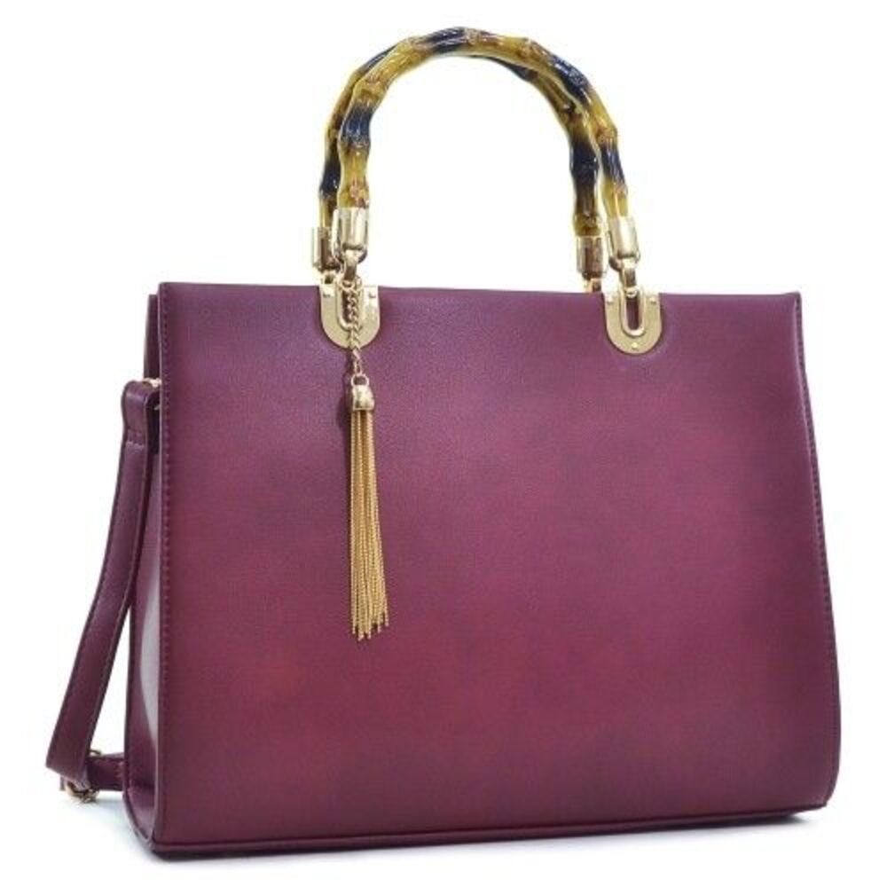 Dasein Medium Wine Satchel Wooden Bamboo Top Handle Handbag